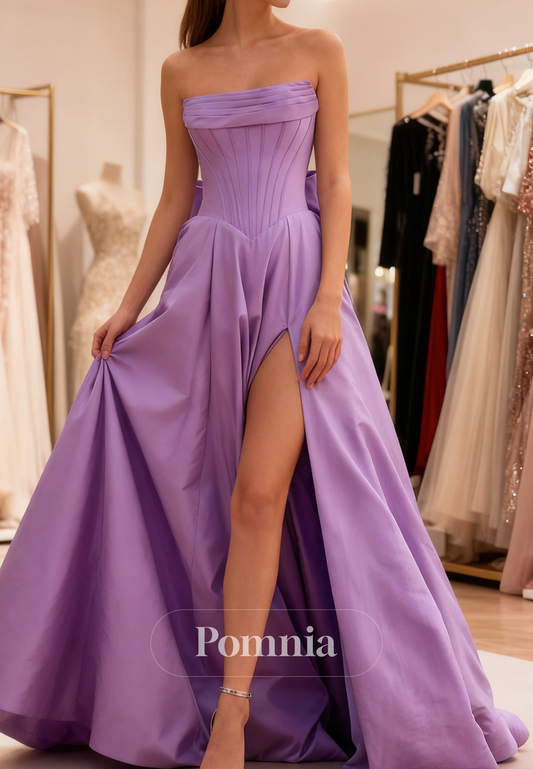 Lilac Scoop Sleeveless Slit Backless Bowknot Prom Dress