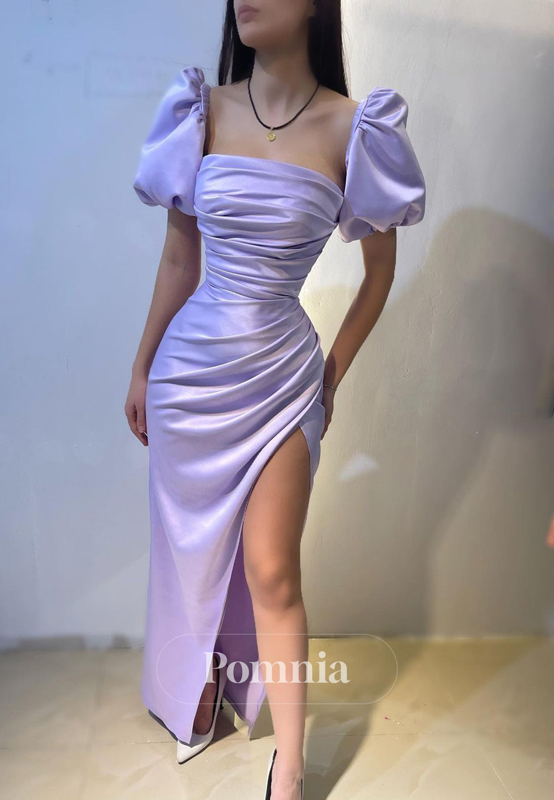 Lilac Short Sleeves Square Slit Ruched Prom Dress