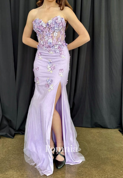 Lilac Sleeveless Strapless Corset Tulle Appliques Prom Dress