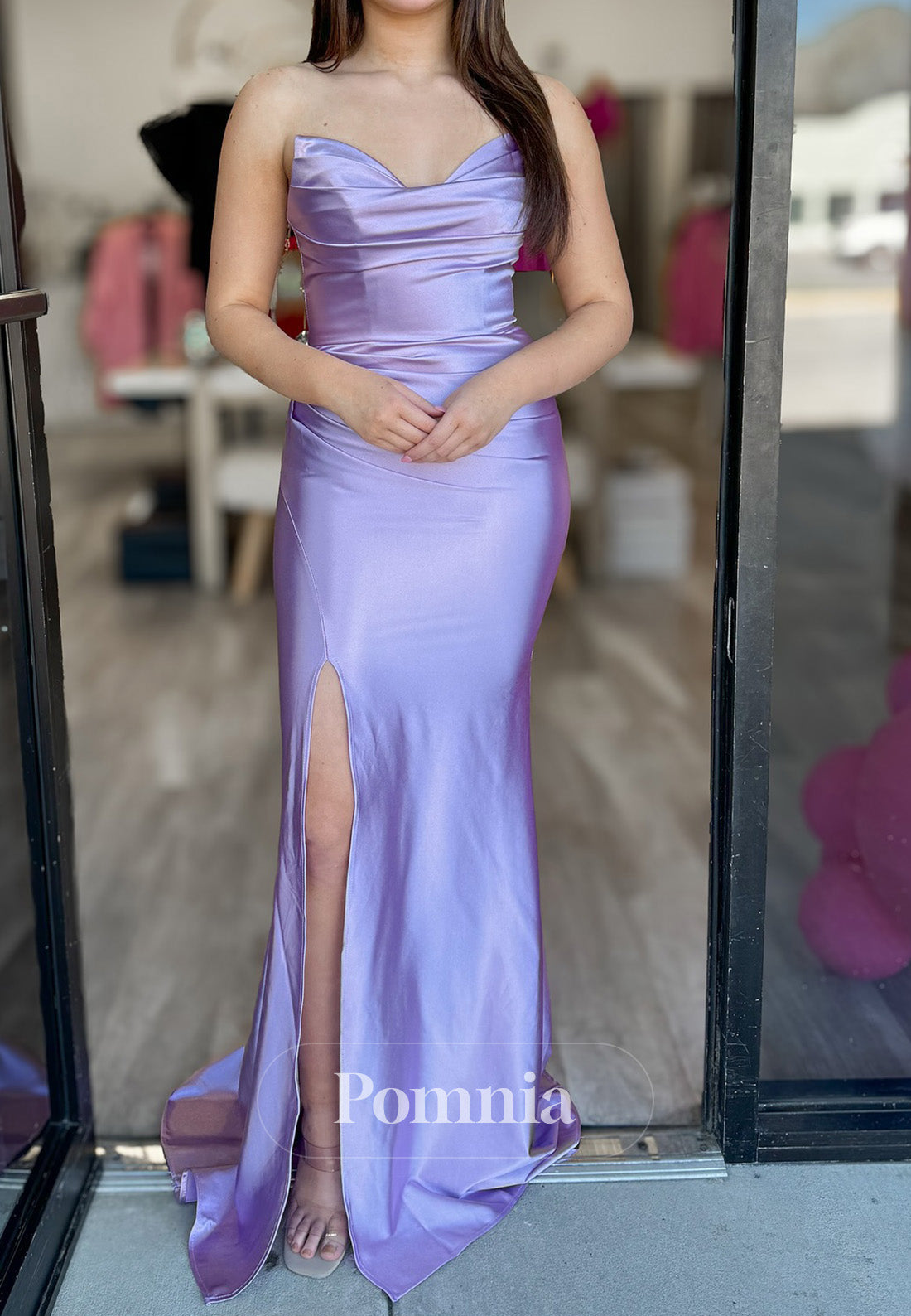 Lilac Sleeveless Strapless Slit Sheath Prom Dress