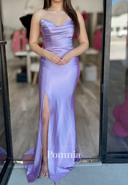 Lilac Sleeveless Strapless Slit Sheath Prom Dress