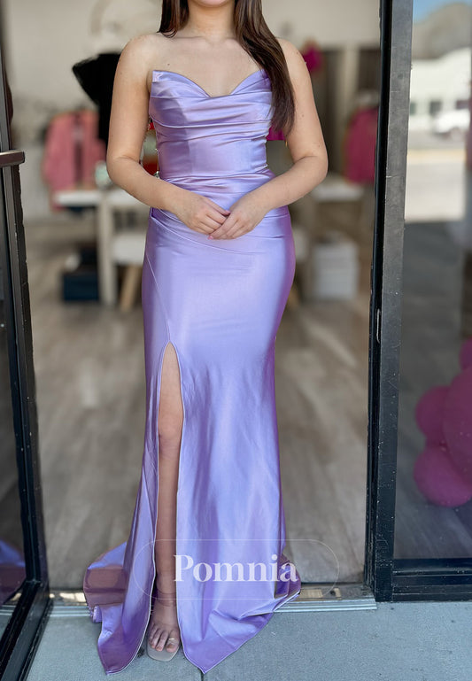 Lilac Sleeveless Strapless Slit Sheath Prom Dress