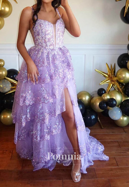 Lilac Spaghetti Straps Ruffles Sequins Prom Dress