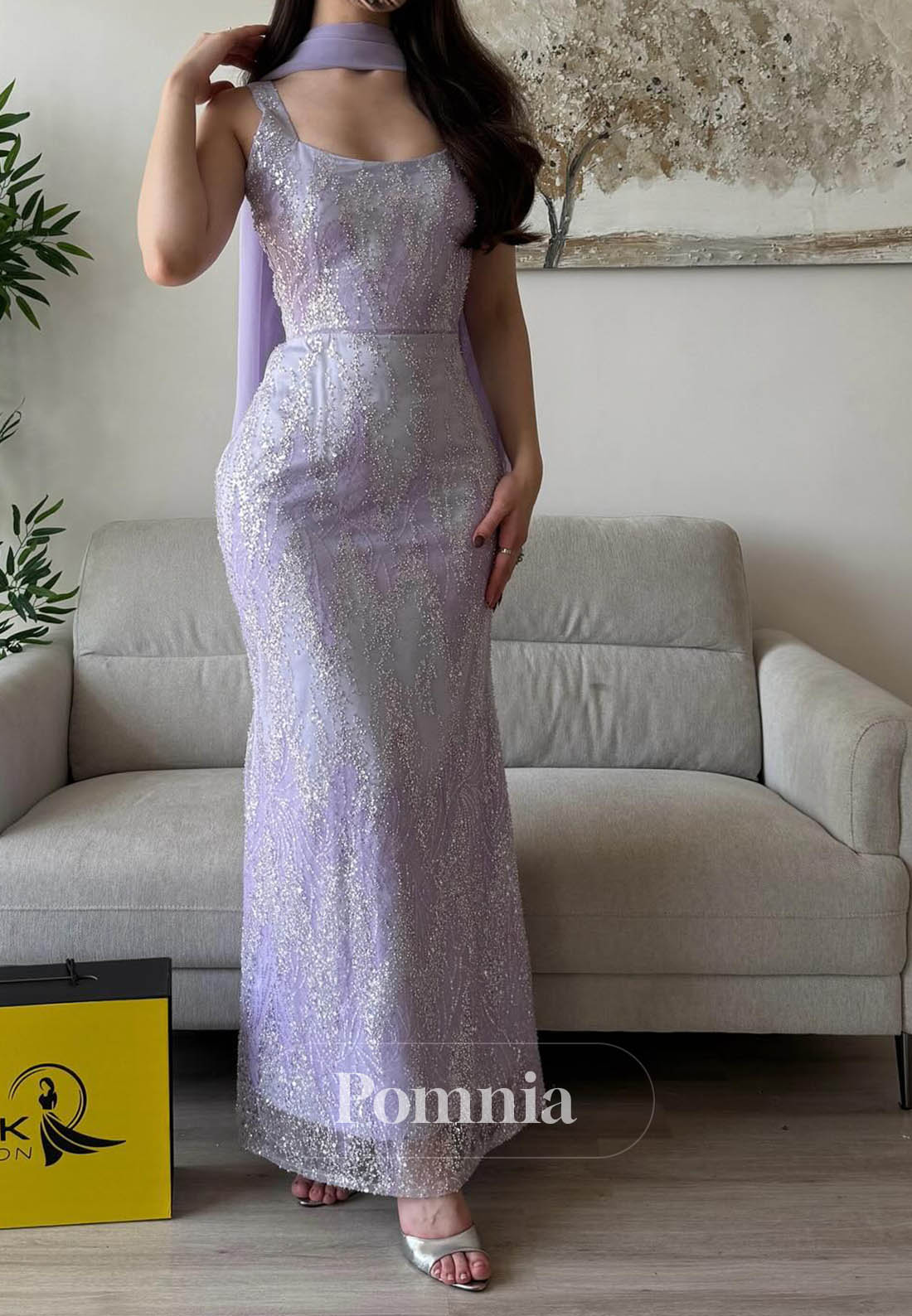 Lilac Spaghetti Straps Square Appliques Prom Dress