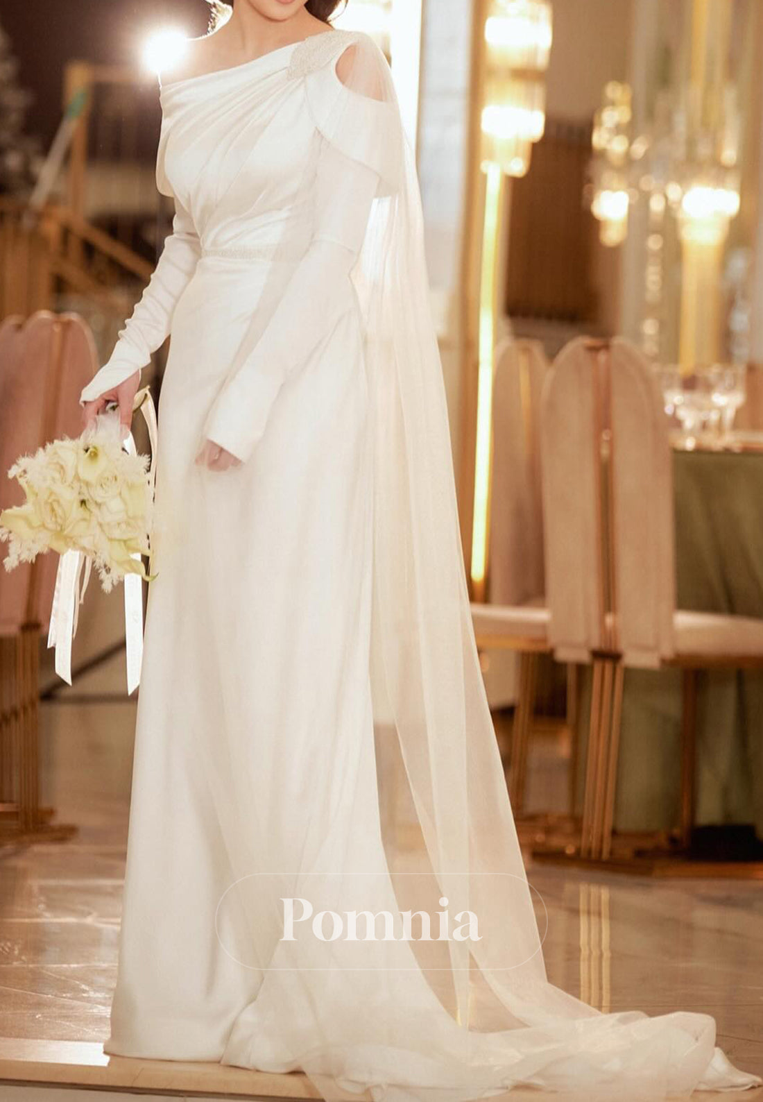 Long Sleeves Astmmetrical Empire-Waist Ruched Wedding Dress