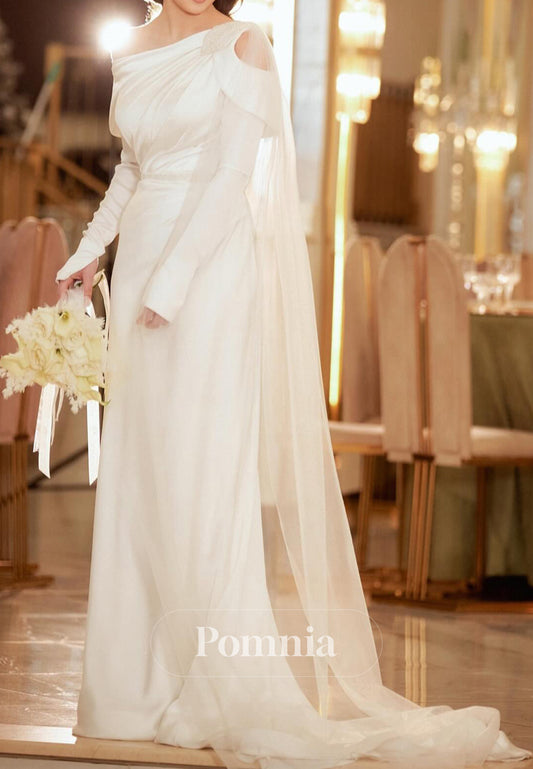 Long Sleeves Astmmetrical Empire-Waist Ruched Wedding Dress