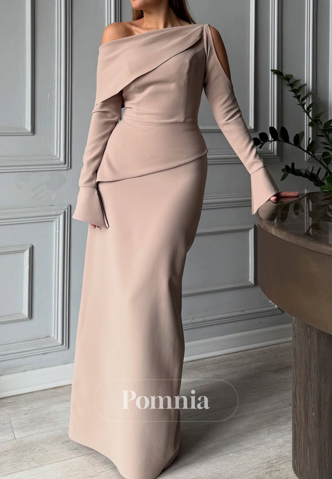 Long Sleeves Asymmetrical Ruched Floor-Length Evening Dress
