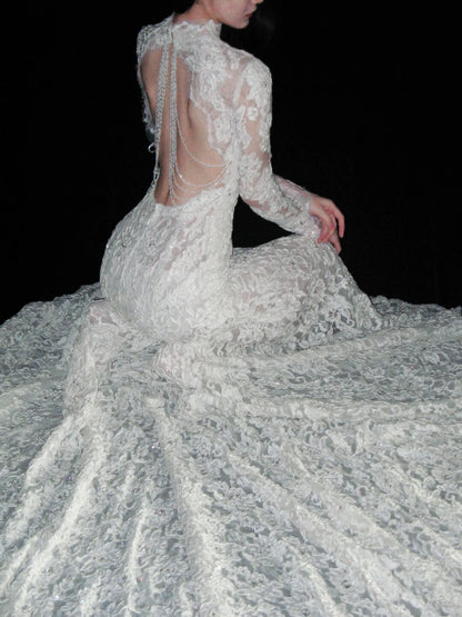 Long Sleeves High Neck Backless Floral Appliques Lace Wedding Dress