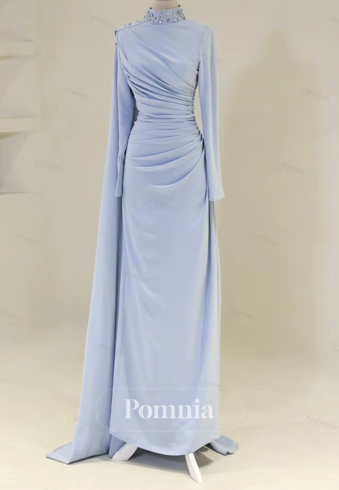 Long Sleeves High Neck Pearls Ruched Evening Dress