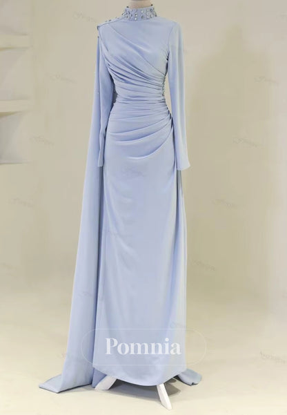 Long Sleeves High Neck Pearls Ruched Evening Dress