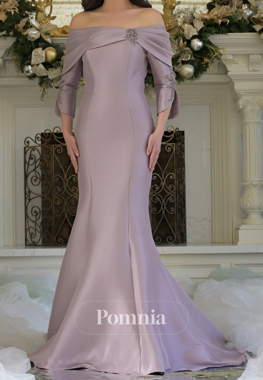 Long Sleeves Off-Shoulder Appliques Satin Mother of the Bride Dress