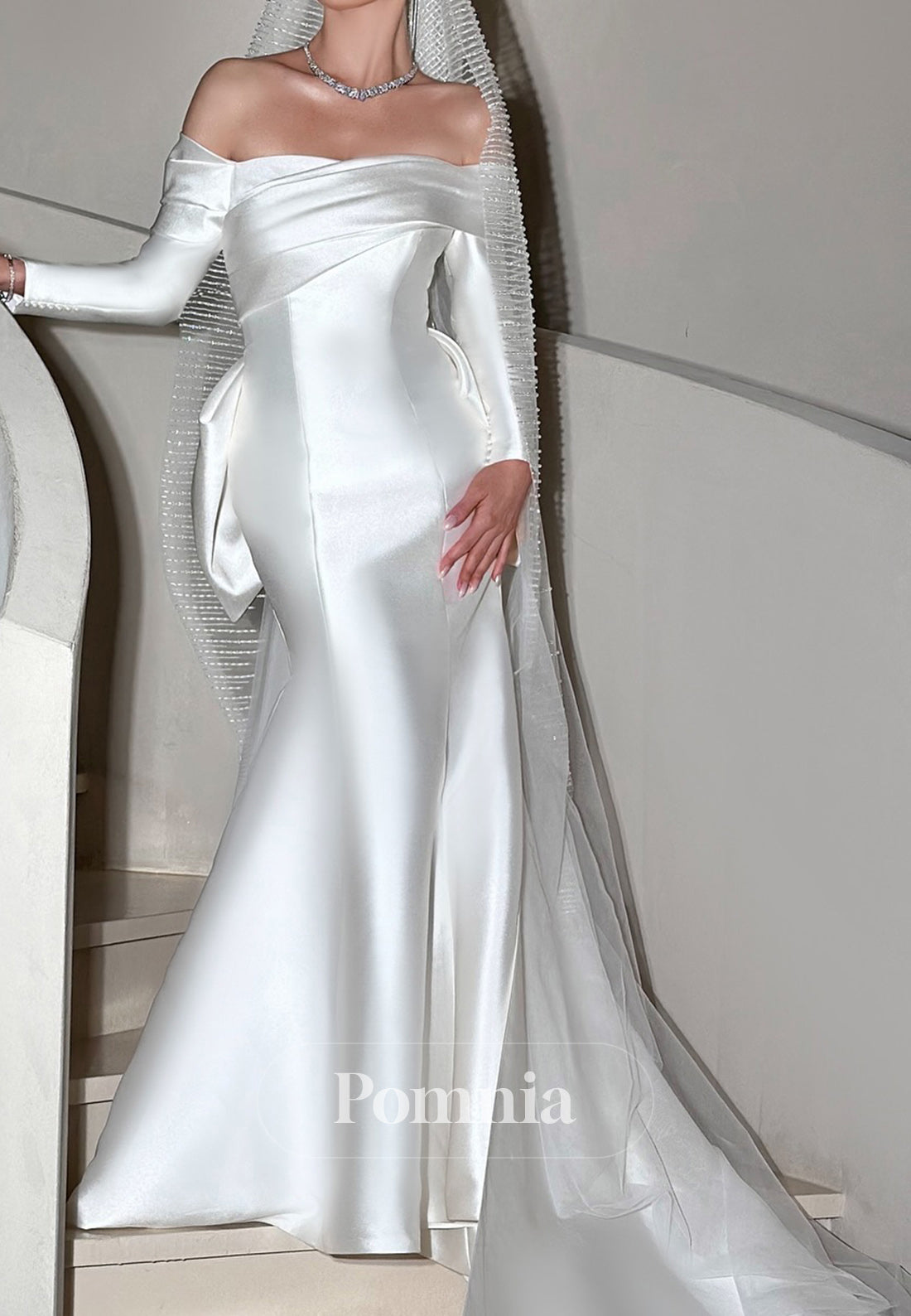 Long Sleeves Off-Shoulder Bowknot Mermaid Wedding Dress