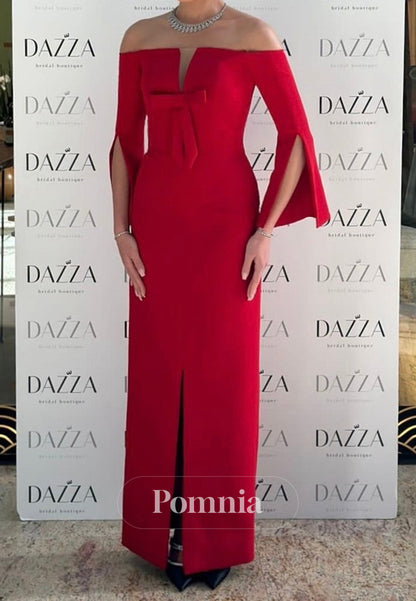 Long Sleeves Off-Shoulder Bowknot Satin Evening Dress