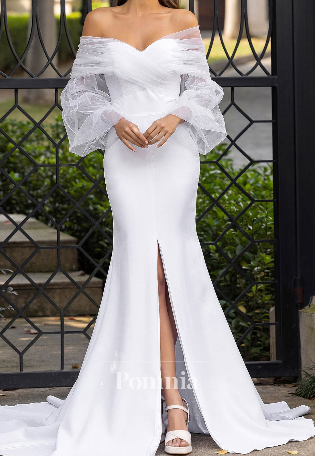 Long Sleeves Off-Shoulder Slit Corset Wedding Dress