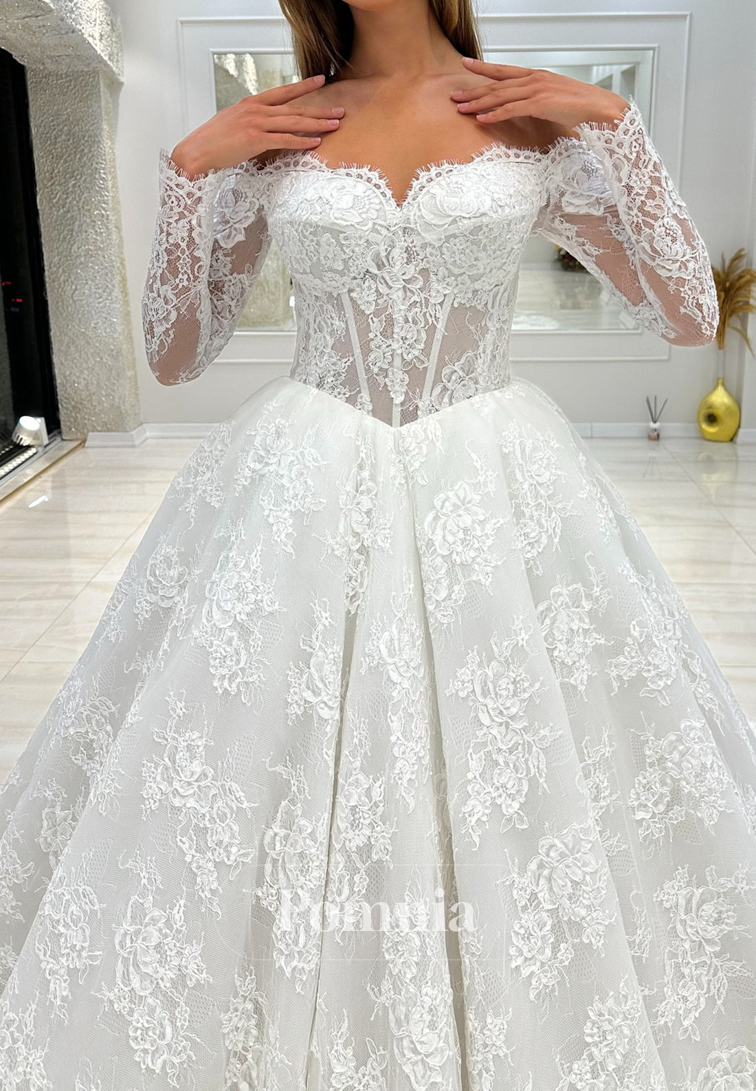 Long Sleeves Off-Shoulder Sweetheart Corset Tulle Lace Wedding Dress