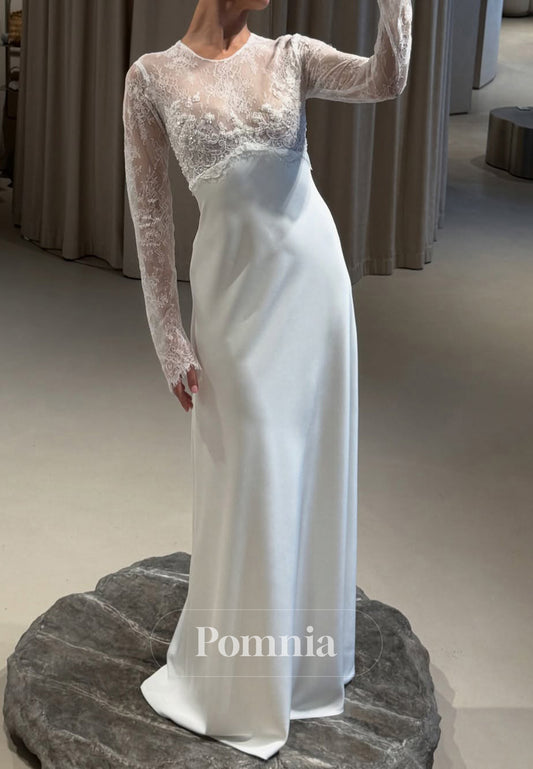 Long Sleeves Scoop A-Line Satin Wedding Dress