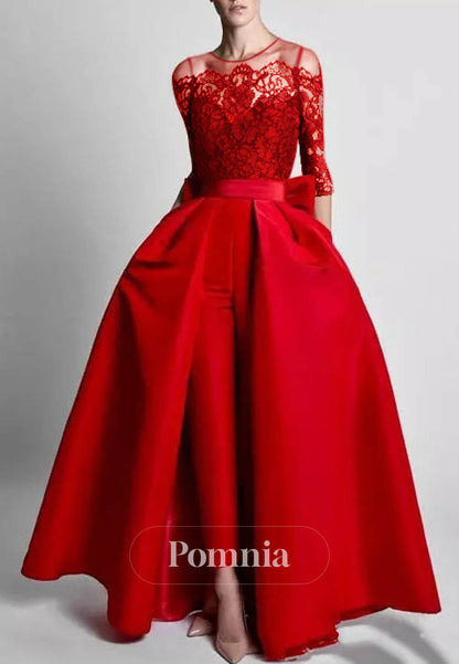 Long Sleeves Scoop Floral Appliques Jumpsuit Bowknot Evening Dress