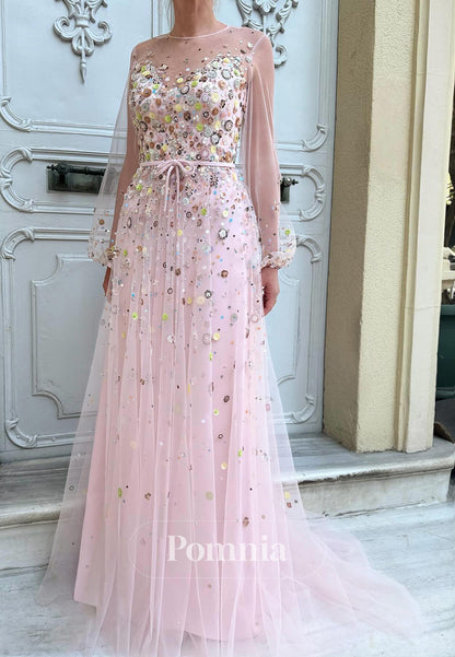 Long Sleeves Scoop Floral Appliques Lace Prom Dress