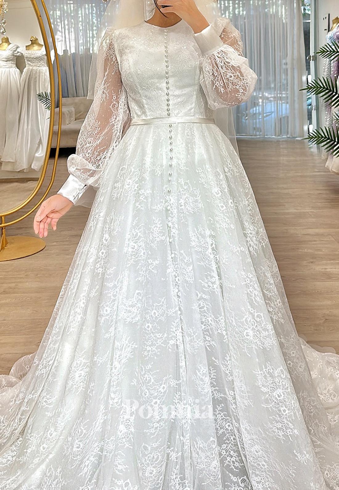 Long Sleeves Scoop Pearls Corset Lace Wedding Dress