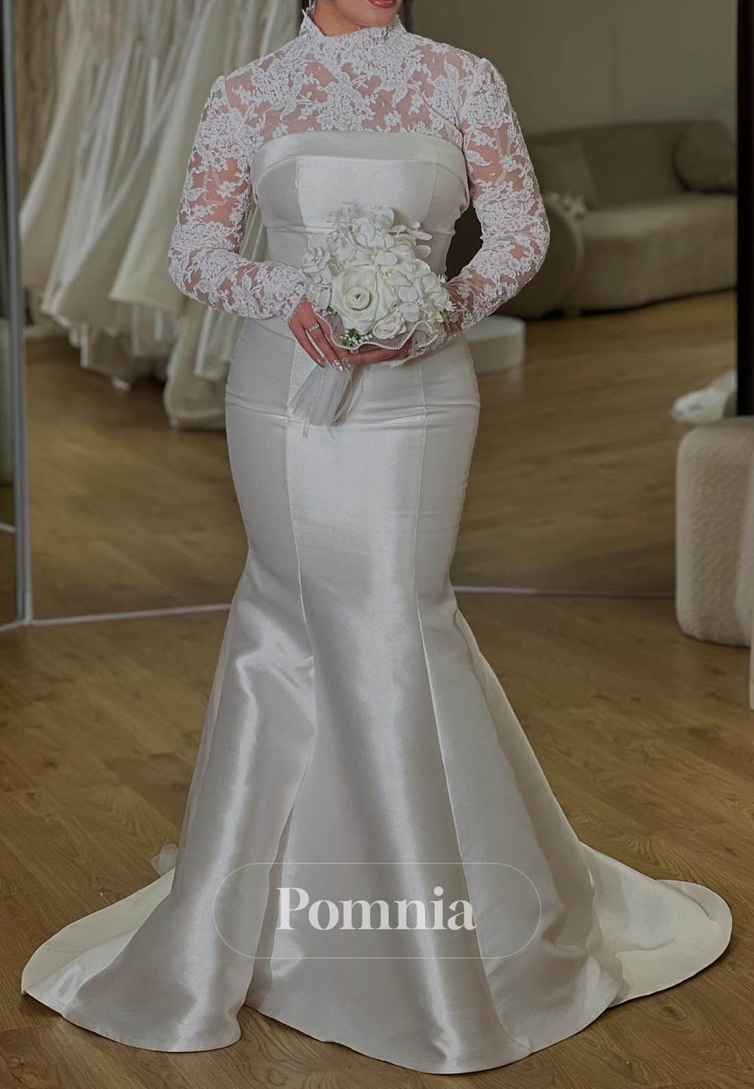 Long Sleeves Scoop Ruched Satin Mermaid Wedding Dress