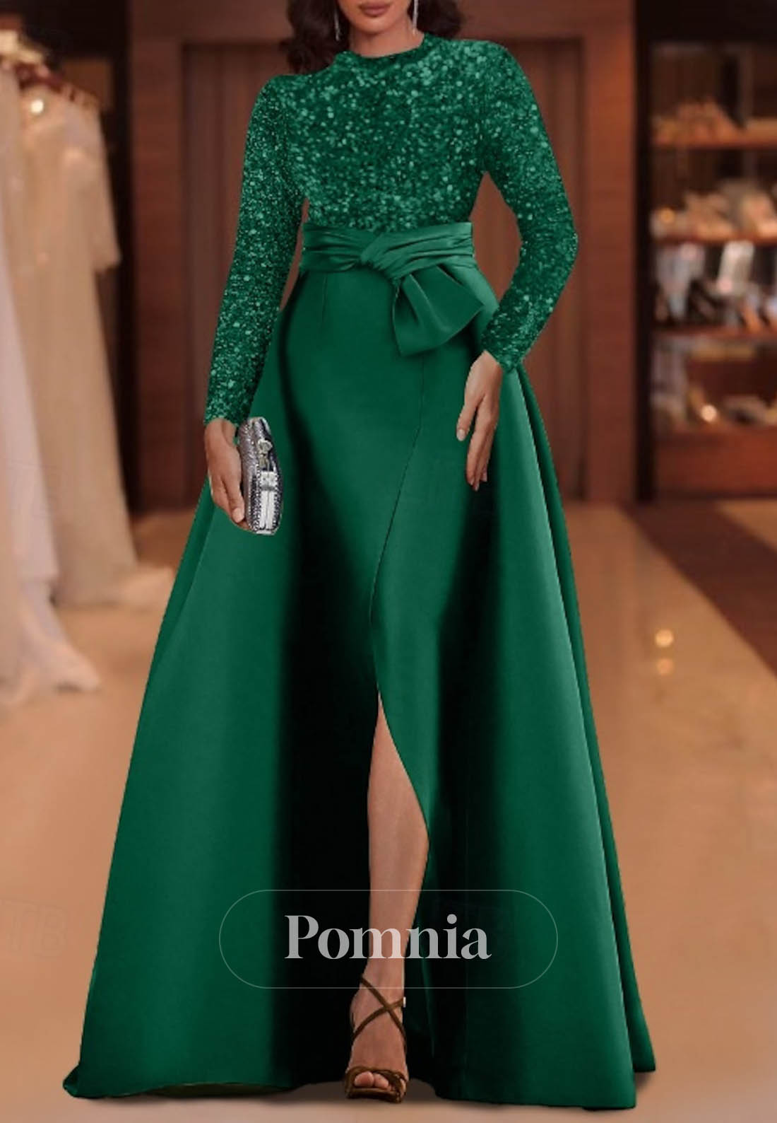 Long Sleeves Scoop Sequins Slit Satin Evening Dress