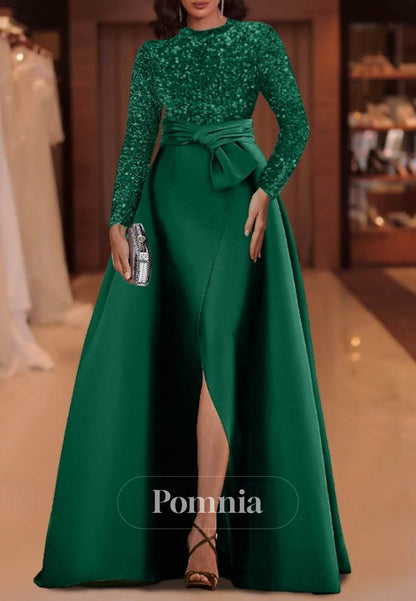 Long Sleeves Scoop Sequins Slit Satin Evening Dress