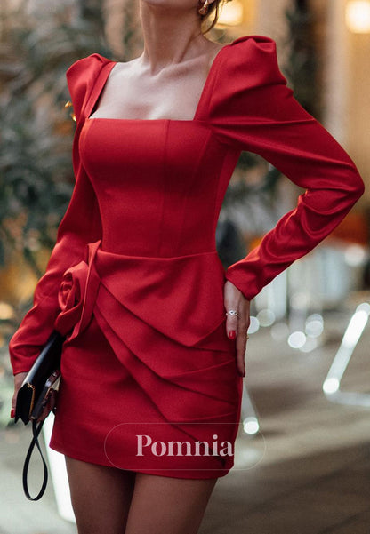 Long Sleeves Square Floral Appliques Mini Party Dress