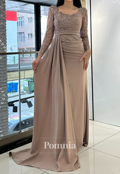 Long Sleeves Square Sequins Ruched Evening Dress