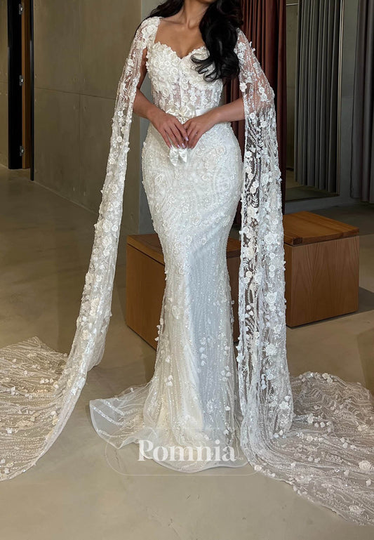 Long Sleeves Sweetheart Corset Tulle Sheath Wedding Dress