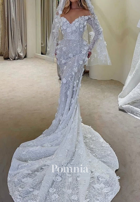 Long Sleeves Sweetheart Floral Appliques Mermaid Wedding Dress