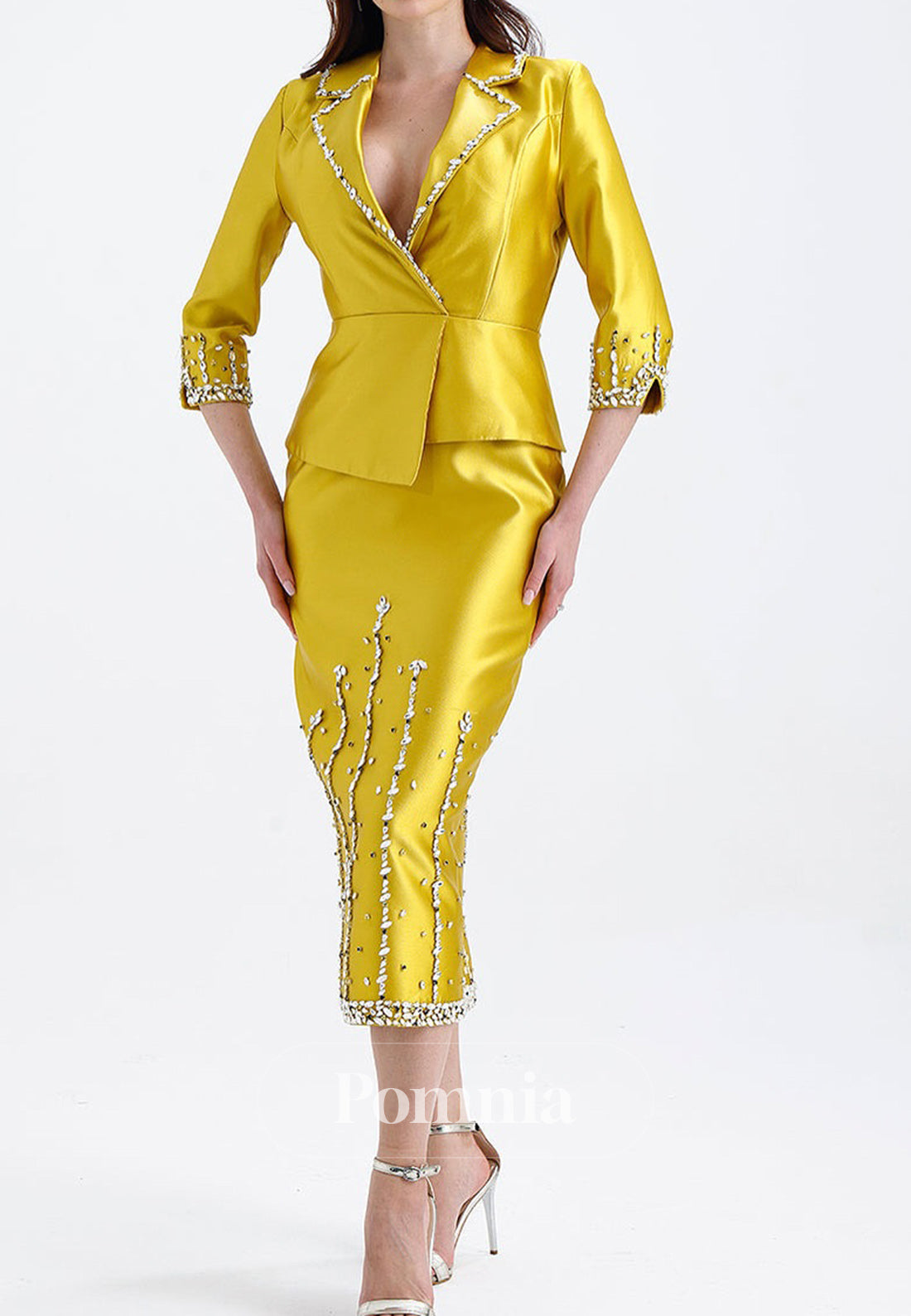 Long Sleeves V-Neck Knee-Length Satin Mother of the Bride Dress