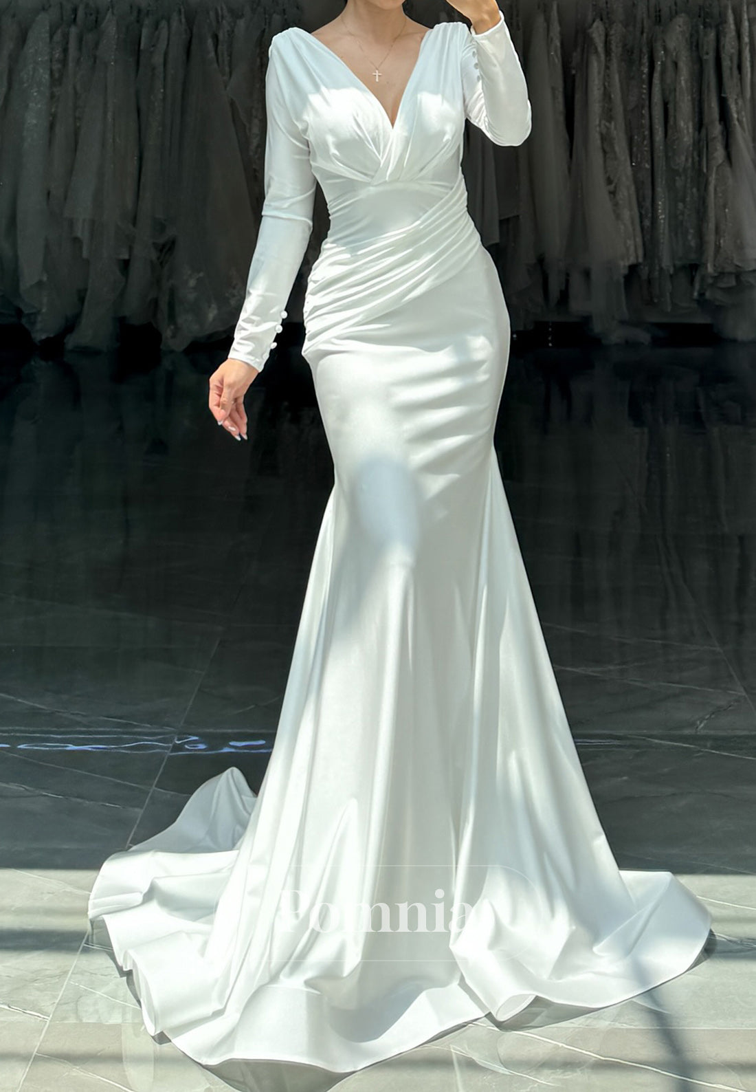 Long Sleeves V-Neck Satin Mermaid Wedding Dress
