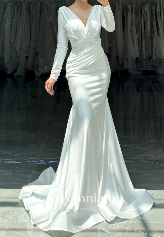 Long Sleeves V-Neck Satin Mermaid Wedding Dress