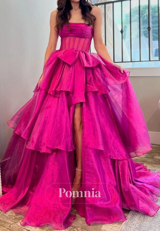 Lovely A-Line Strapless Long Organza Prom Dress with Slit