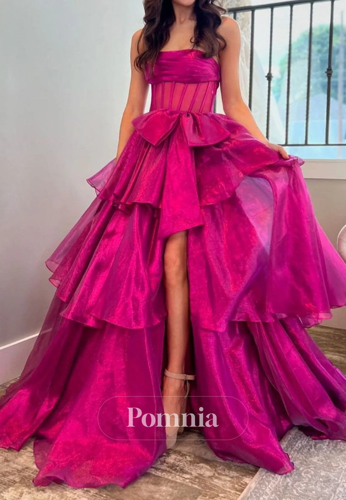 Lovely A-Line Strapless Long Organza Prom Dress with Slit