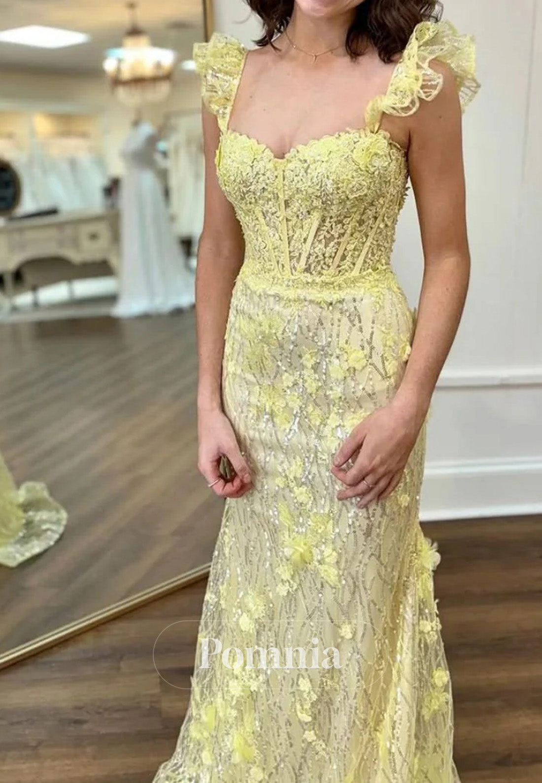 Lovely Yellow Mermaid Long Glitter Prom Party Dress with Appliques
