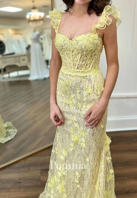 Lovely Yellow Mermaid Long Glitter Prom Party Dress with Appliques