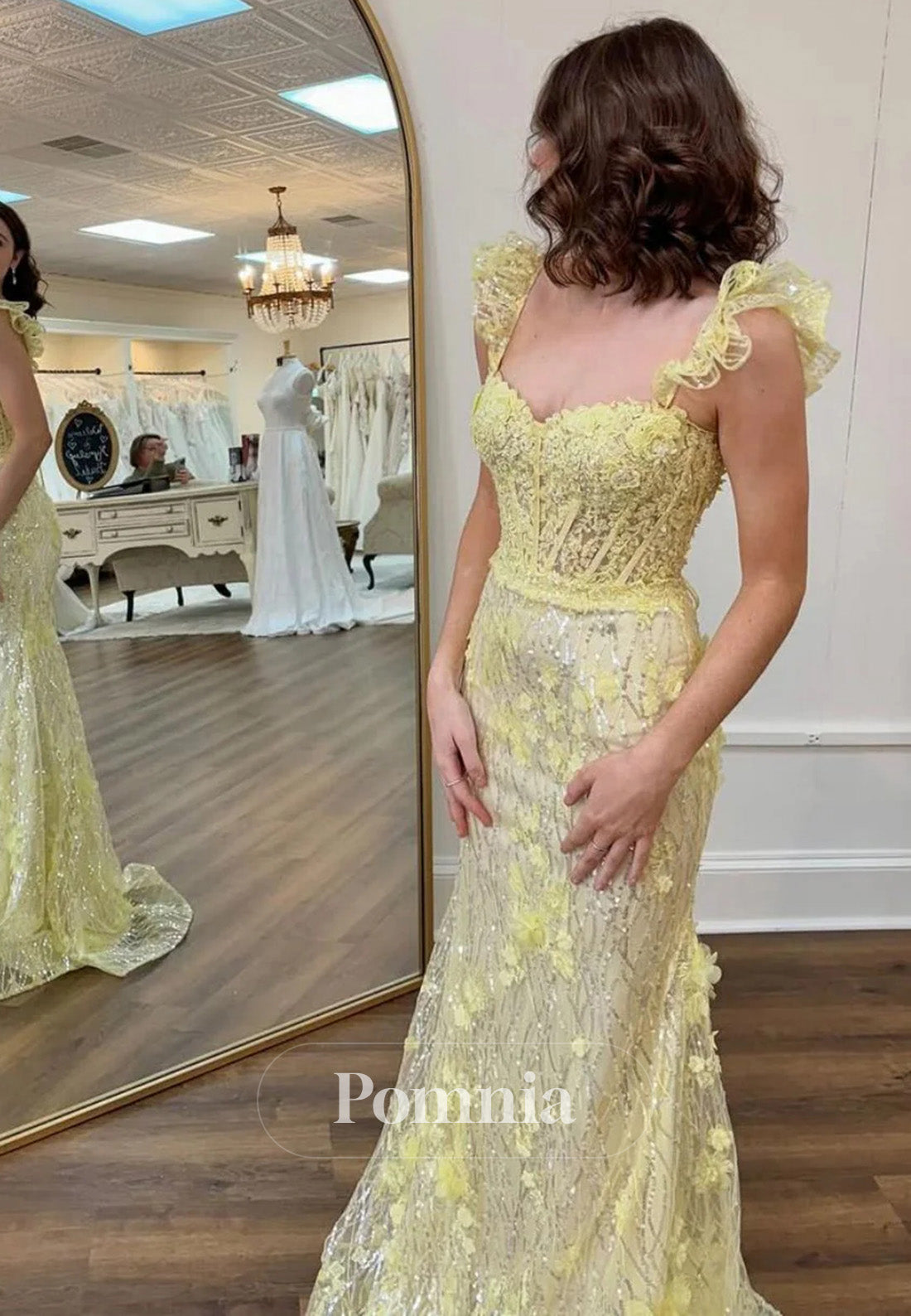 Lovely Yellow Mermaid Long Glitter Prom Party Dress with Appliques