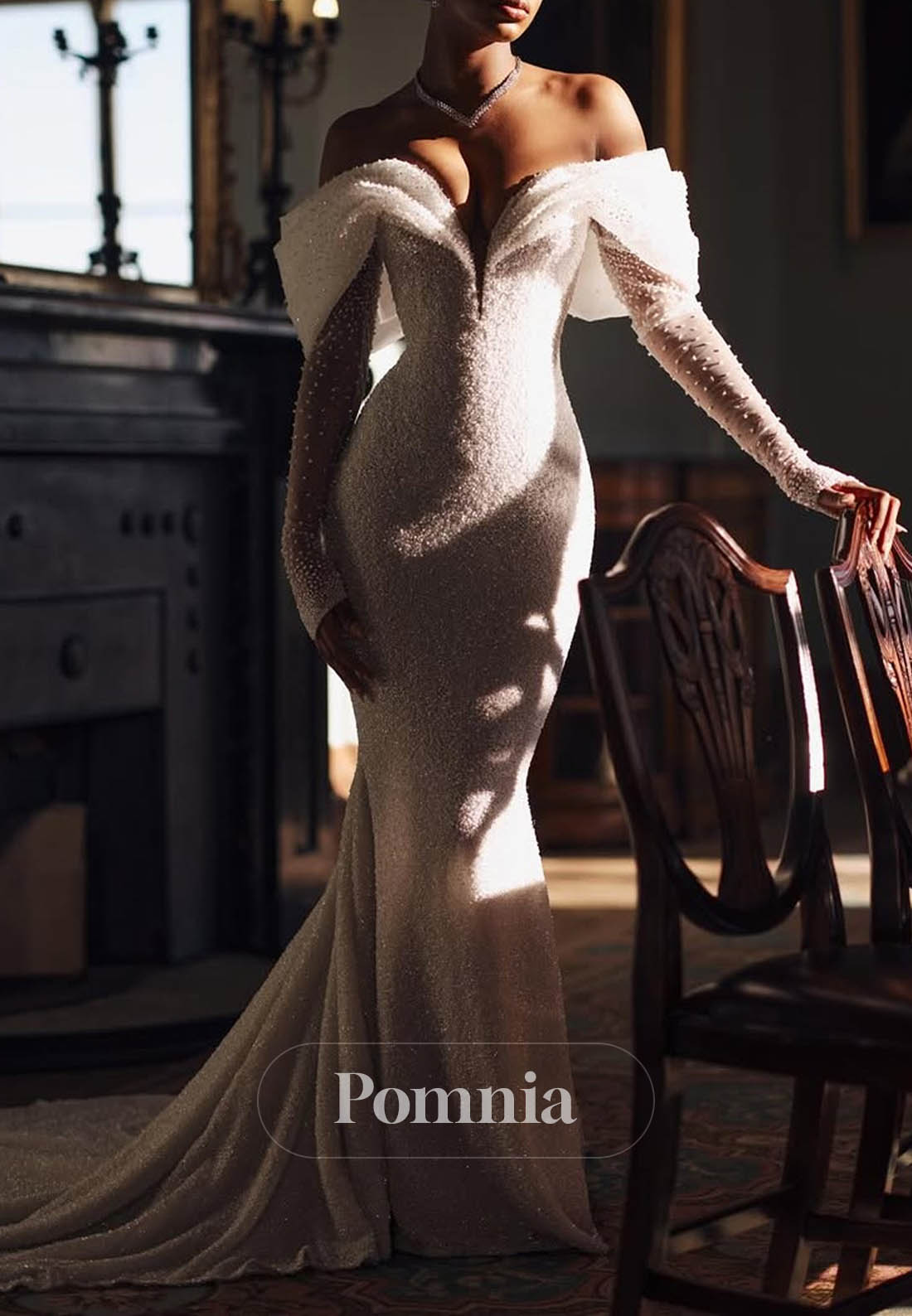 Luxury Off-Shoulder Long Sleeves Detachable Overskirt Mermaid Wedding Dress