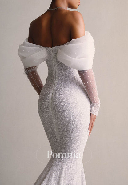 Luxury Off-Shoulder Long Sleeves Detachable Overskirt Mermaid Wedding Dress