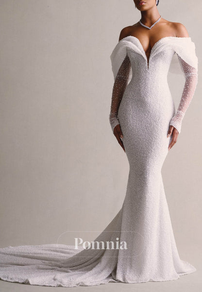 Luxury Off-Shoulder Long Sleeves Detachable Overskirt Mermaid Wedding Dress