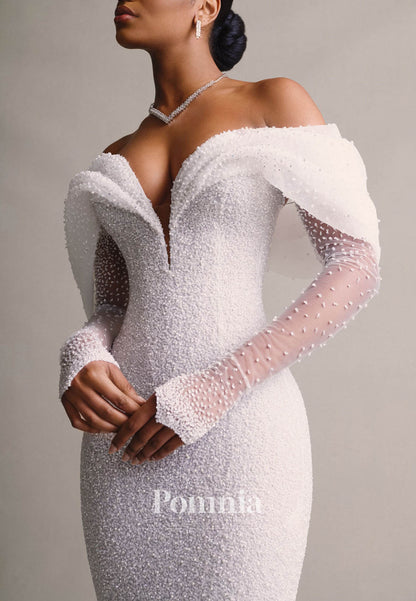 Luxury Off-Shoulder Long Sleeves Detachable Overskirt Mermaid Wedding Dress