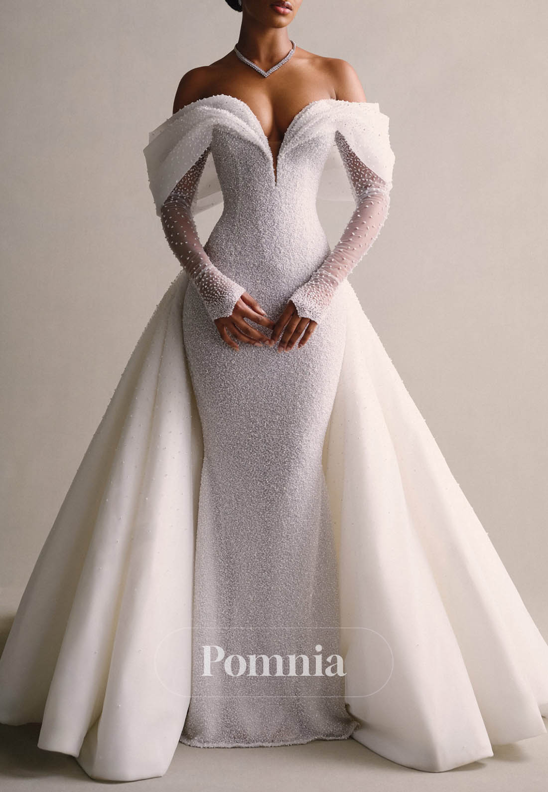 Luxury Off-Shoulder Long Sleeves Detachable Overskirt Mermaid Wedding Dress