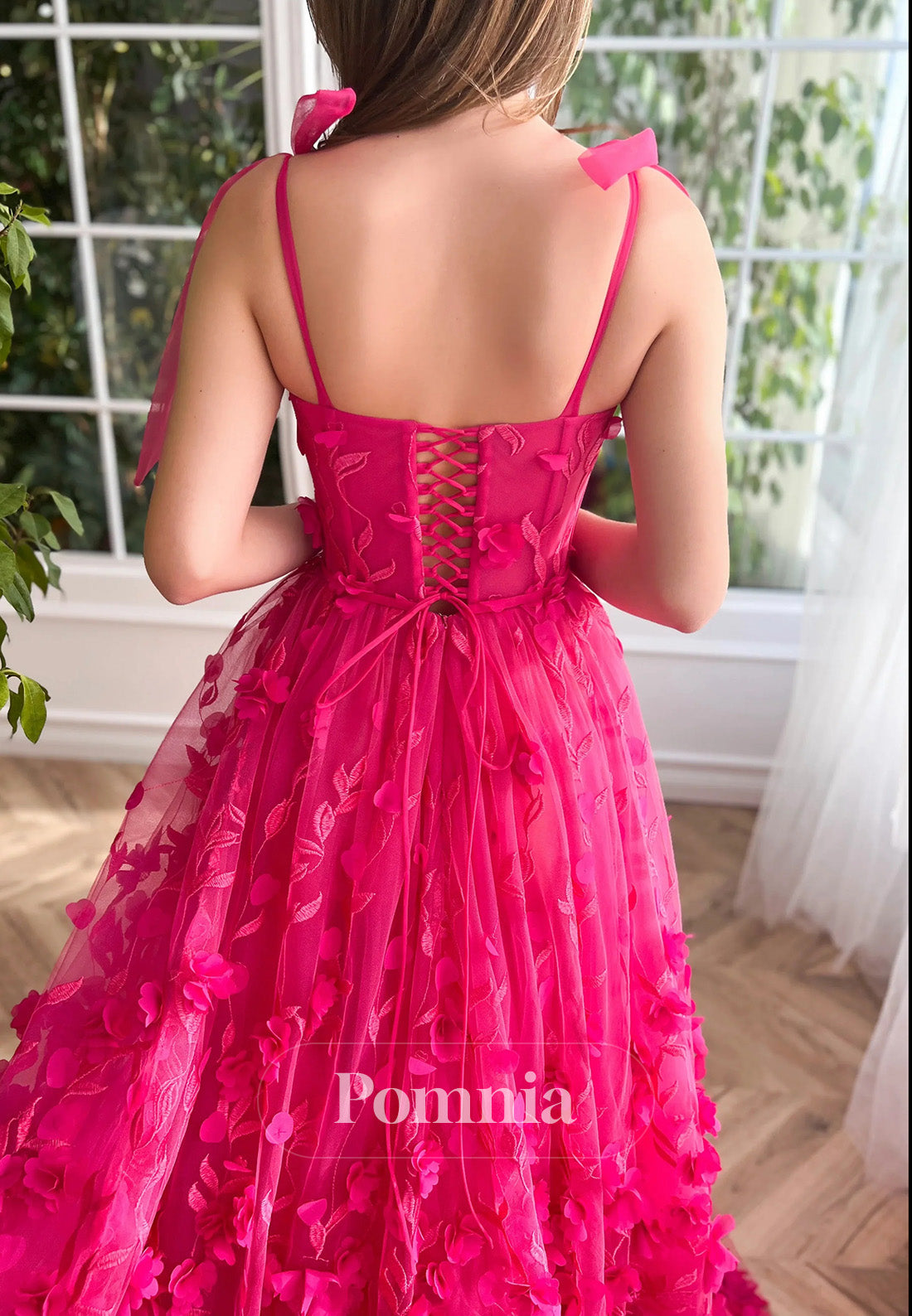Fuchsia Spaghetti Straps Square Slit Appliques Prom Dress