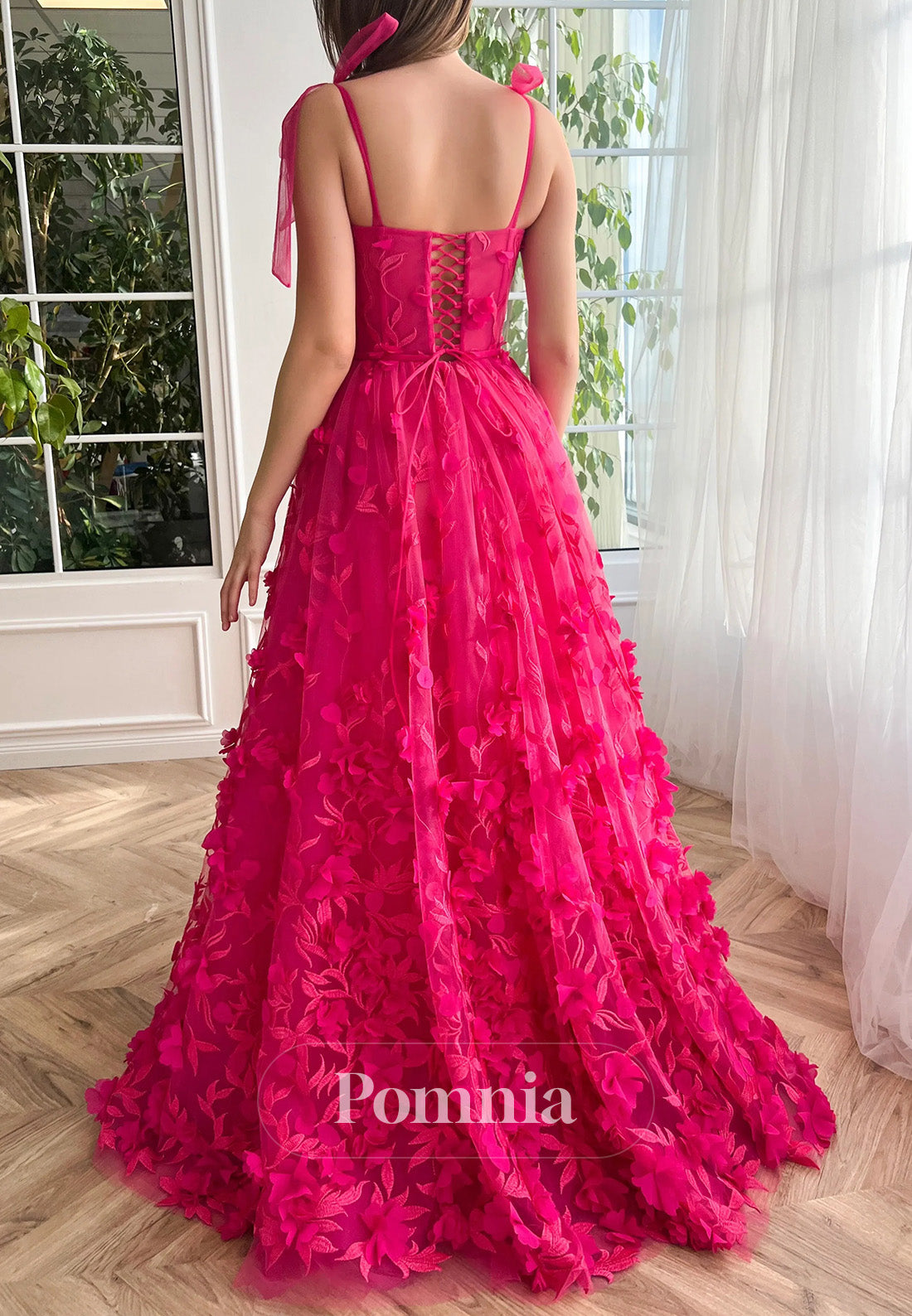 Fuchsia Spaghetti Straps Square Slit Appliques Prom Dress
