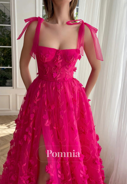 Fuchsia Spaghetti Straps Square Slit Appliques Prom Dress