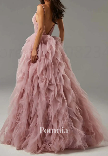 Blushing Pink Spaghetti Straps Sweetheart Ruffles Lace Prom Dress