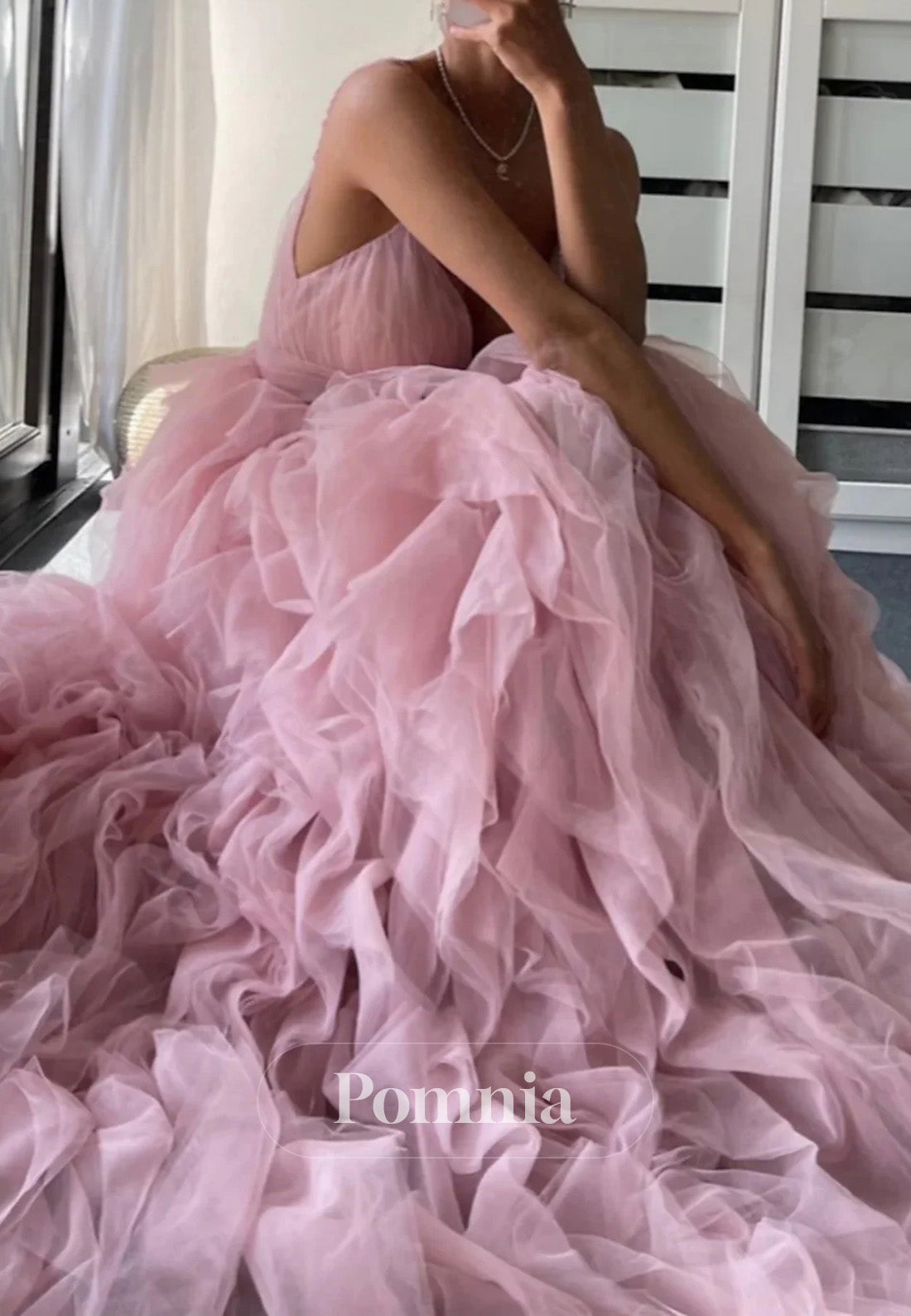 Blushing Pink Spaghetti Straps Sweetheart Ruffles Lace Prom Dress
