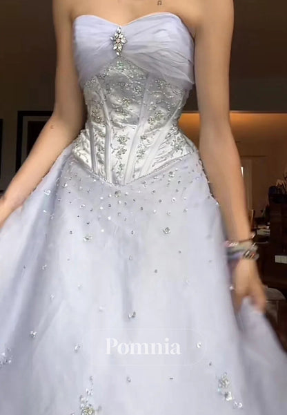 Vintage A-Line Strapless Empire-Waist Beads Princess Long Prom Dress