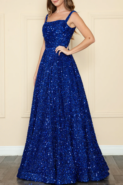 Sparkly A-Line Sequined Empire-Waist Sleeveless Prom Dress